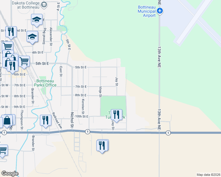 map of restaurants, bars, coffee shops, grocery stores, and more near 800-898 7th Street East in Bottineau