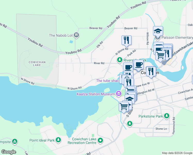 map of restaurants, bars, coffee shops, grocery stores, and more near 235 North Shore Road in Lake Cowichan