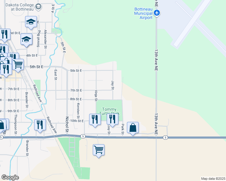 map of restaurants, bars, coffee shops, grocery stores, and more near 800-898 7th Street East in Bottineau