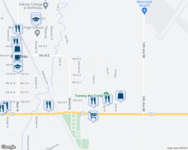 map of restaurants, bars, coffee shops, grocery stores, and more near 800 7th Street East in Bottineau