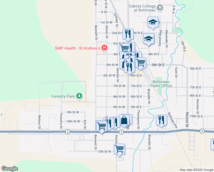 map of restaurants, bars, coffee shops, grocery stores, and more near 701 Ohmer Street in Bottineau