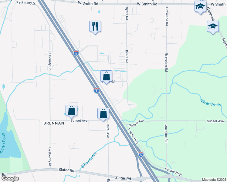 map of restaurants, bars, coffee shops, grocery stores, and more near 5060 Pacific Highway in Ferndale