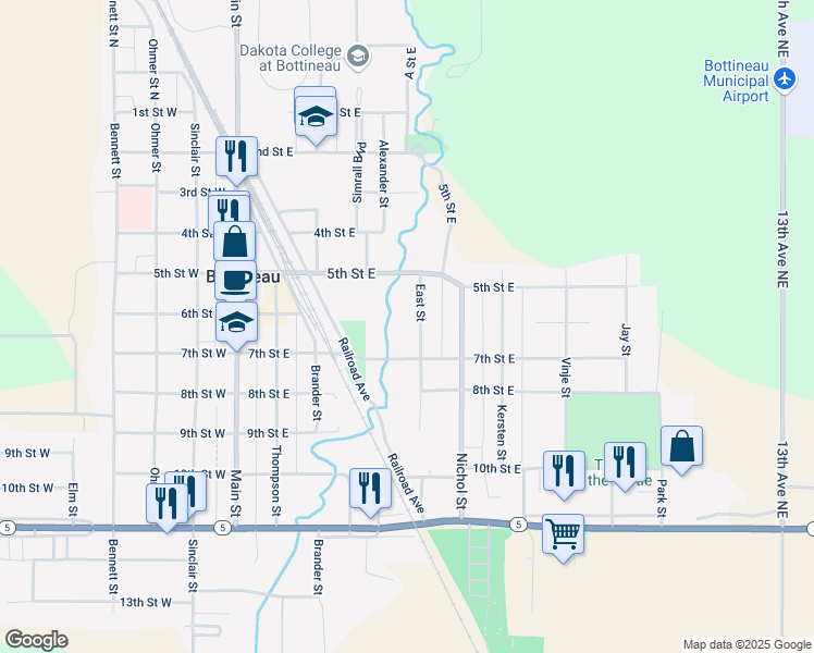 map of restaurants, bars, coffee shops, grocery stores, and more near 501-699 East Street in Bottineau