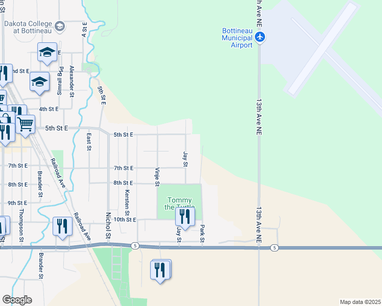 map of restaurants, bars, coffee shops, grocery stores, and more near 505 Jay Street in Bottineau