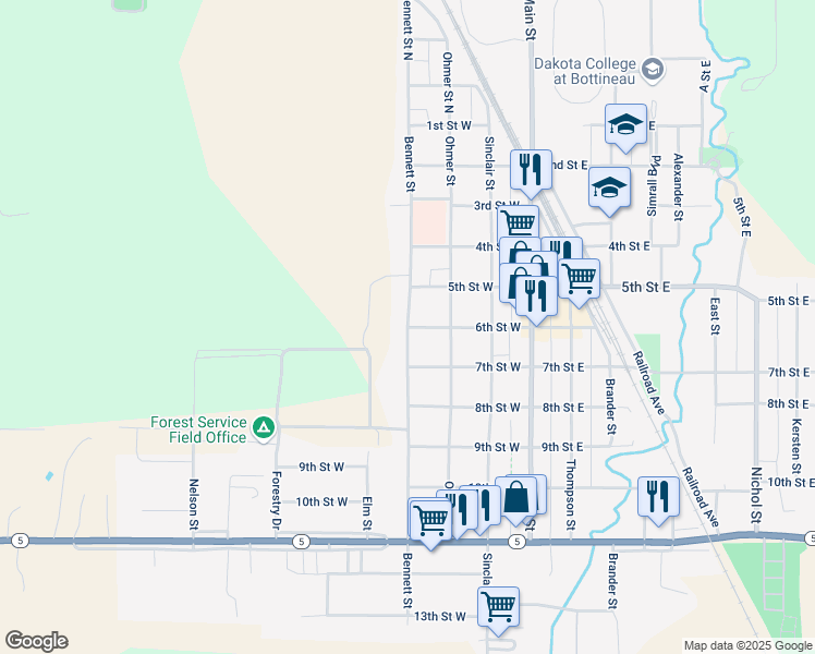 map of restaurants, bars, coffee shops, grocery stores, and more near 599 Bennett Street in Bottineau