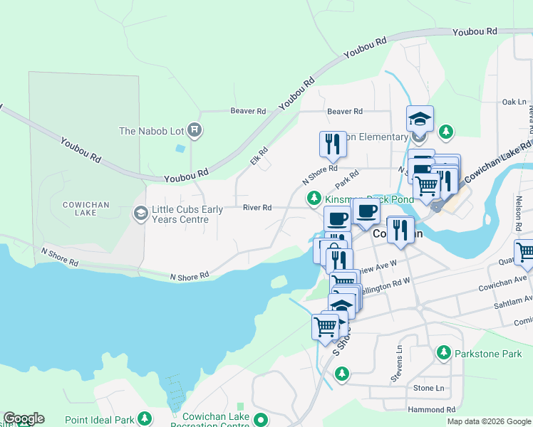 map of restaurants, bars, coffee shops, grocery stores, and more near 172 River Road in Lake Cowichan