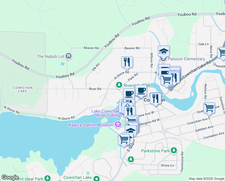 map of restaurants, bars, coffee shops, grocery stores, and more near 148 River Road in Lake Cowichan
