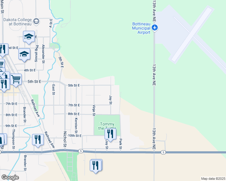 map of restaurants, bars, coffee shops, grocery stores, and more near 505 Jay Street in Bottineau