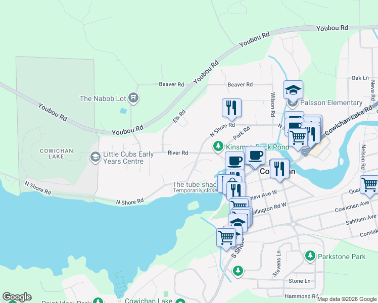 map of restaurants, bars, coffee shops, grocery stores, and more near 172 River Road in Lake Cowichan