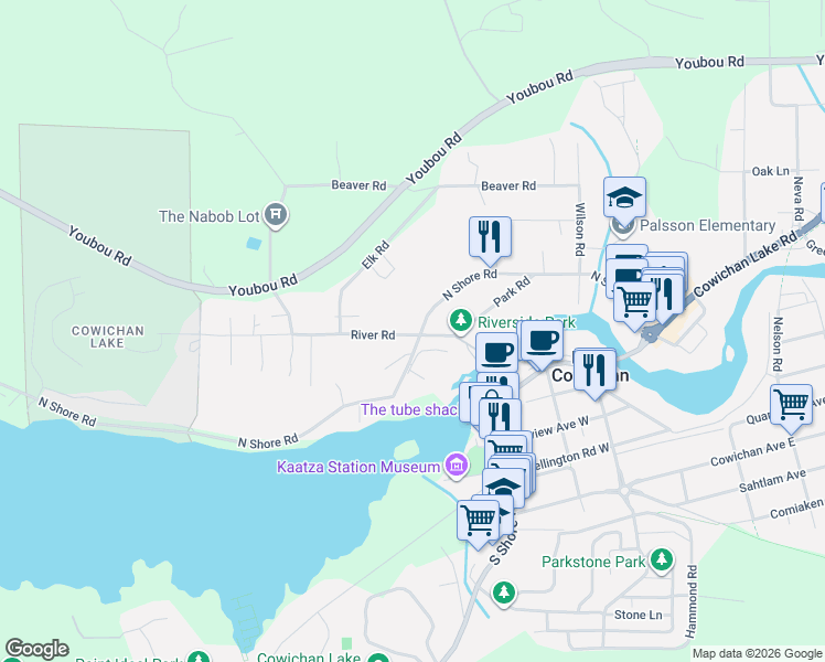 map of restaurants, bars, coffee shops, grocery stores, and more near 139 North Shore Road in Lake Cowichan