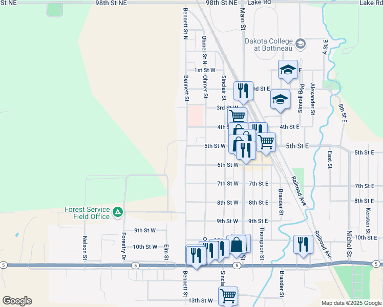map of restaurants, bars, coffee shops, grocery stores, and more near 501-599 Bennett Street in Bottineau