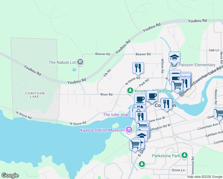 map of restaurants, bars, coffee shops, grocery stores, and more near 167 River Road in Lake Cowichan