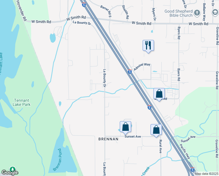 map of restaurants, bars, coffee shops, grocery stores, and more near 5116 Labounty Drive in Ferndale