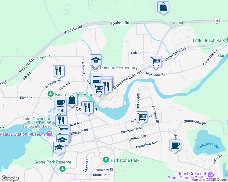 map of restaurants, bars, coffee shops, grocery stores, and more near in Lake Cowichan