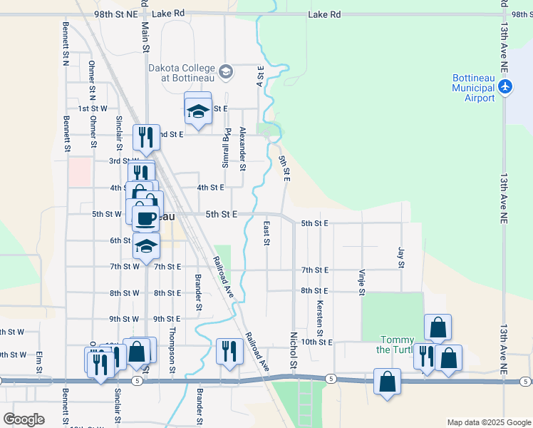 map of restaurants, bars, coffee shops, grocery stores, and more near 501 East Street in Bottineau