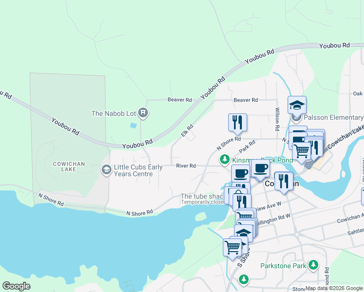 map of restaurants, bars, coffee shops, grocery stores, and more near 174 Elk Road in Lake Cowichan