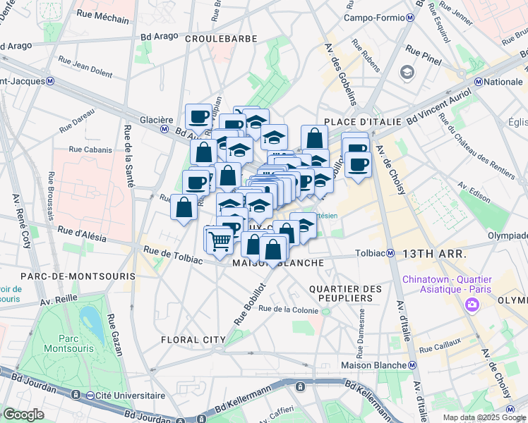 map of restaurants, bars, coffee shops, grocery stores, and more near 52 Rue des 5 Diamants in Paris