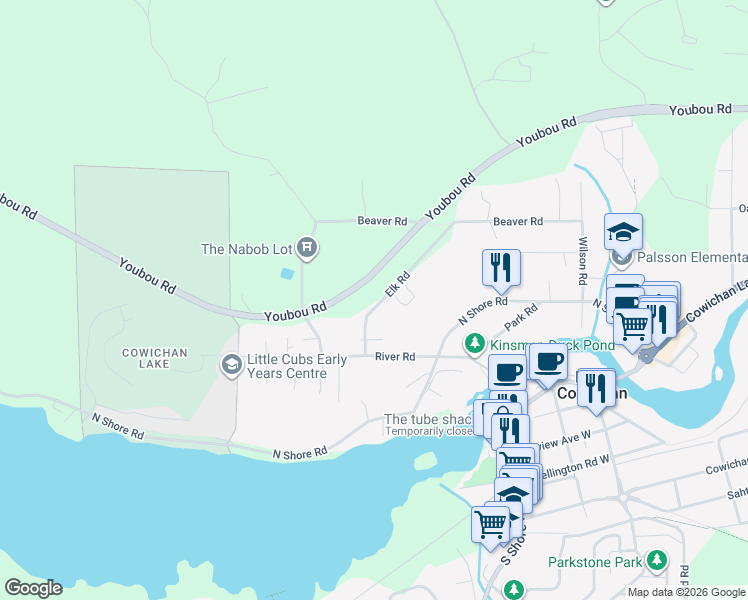 map of restaurants, bars, coffee shops, grocery stores, and more near 174 Elk Road in Lake Cowichan