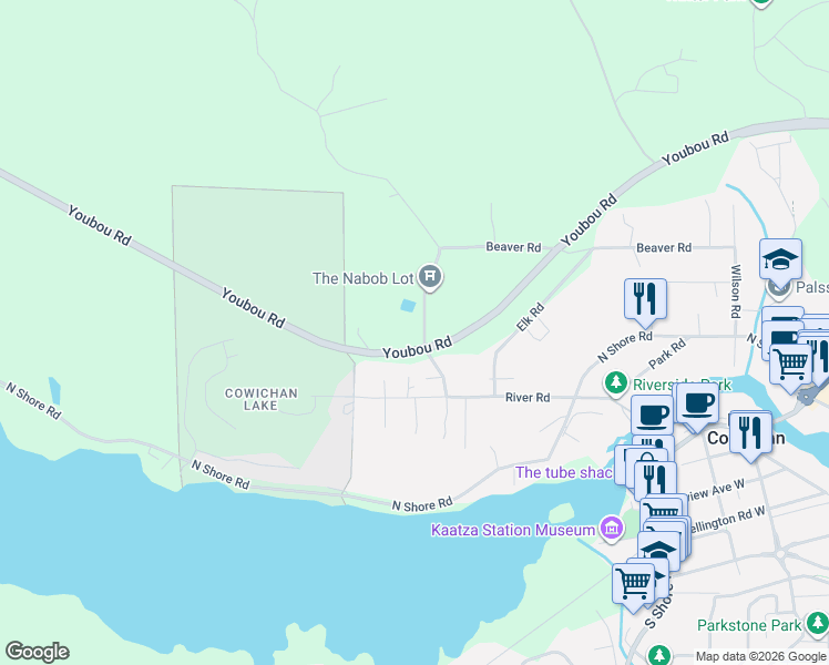 map of restaurants, bars, coffee shops, grocery stores, and more near Indian Road in Lake Cowichan