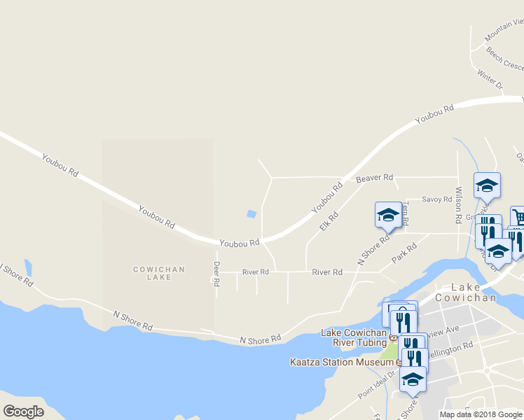 map of restaurants, bars, coffee shops, grocery stores, and more near Indian Road in Lake Cowichan