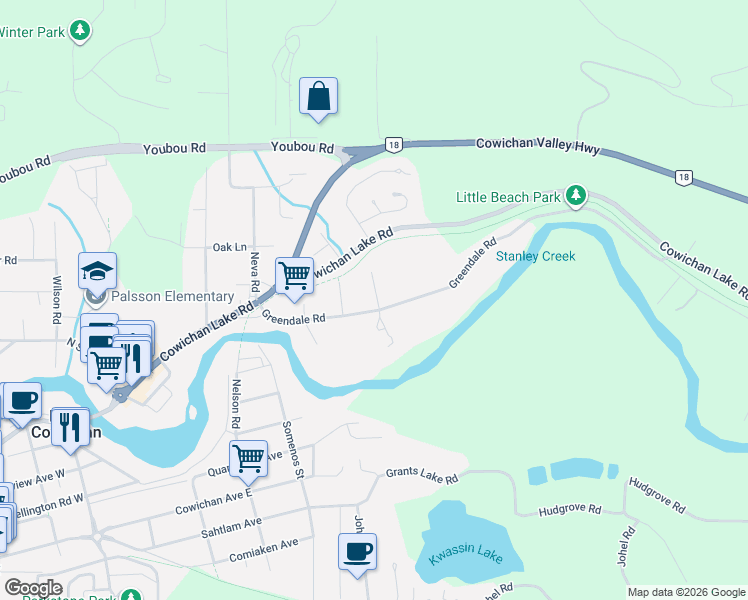 map of restaurants, bars, coffee shops, grocery stores, and more near 8023 Greendale Road in Lake Cowichan