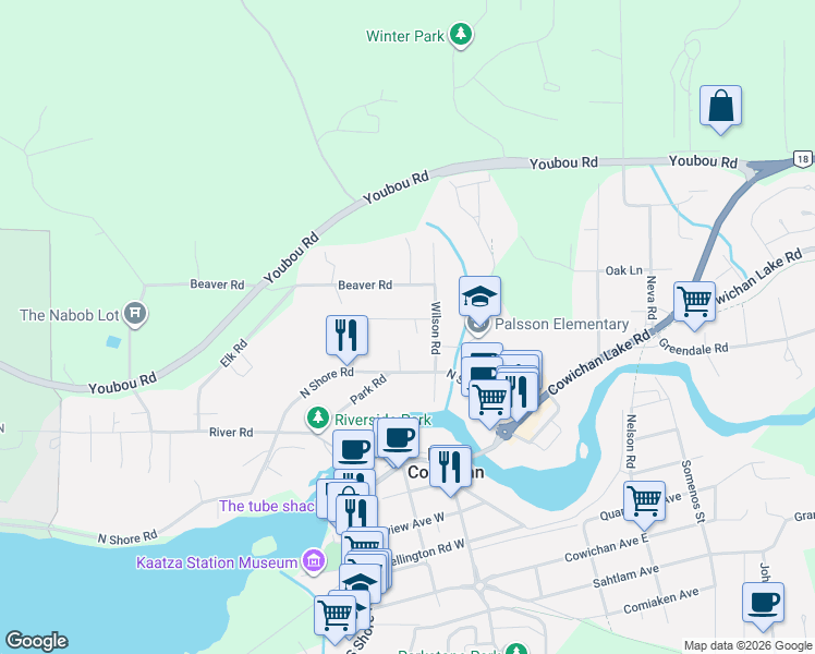 map of restaurants, bars, coffee shops, grocery stores, and more near 22 Savoy Road in Lake Cowichan