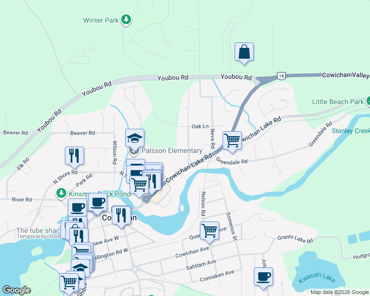 map of restaurants, bars, coffee shops, grocery stores, and more near 132 Macdonald Road in Lake Cowichan
