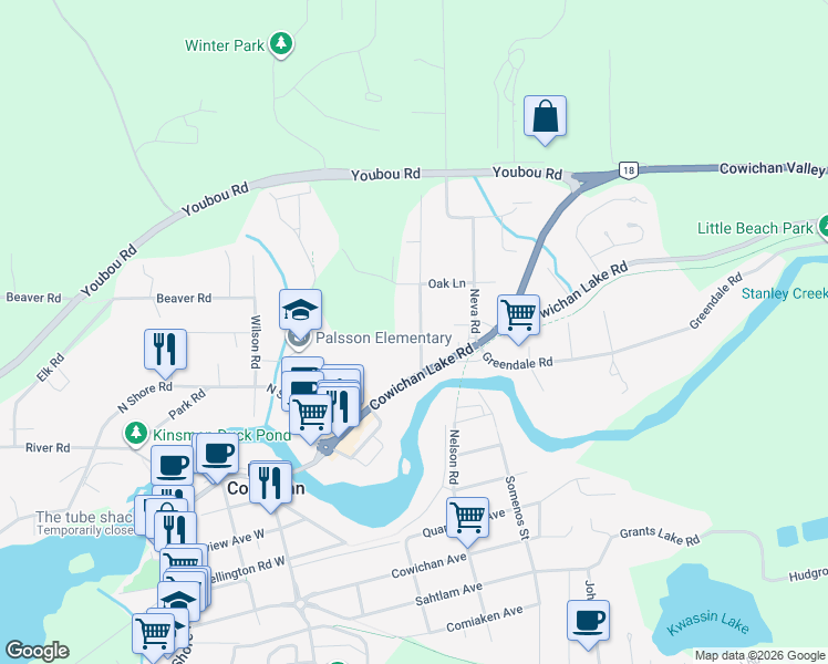 map of restaurants, bars, coffee shops, grocery stores, and more near 132 Macdonald Road in Lake Cowichan