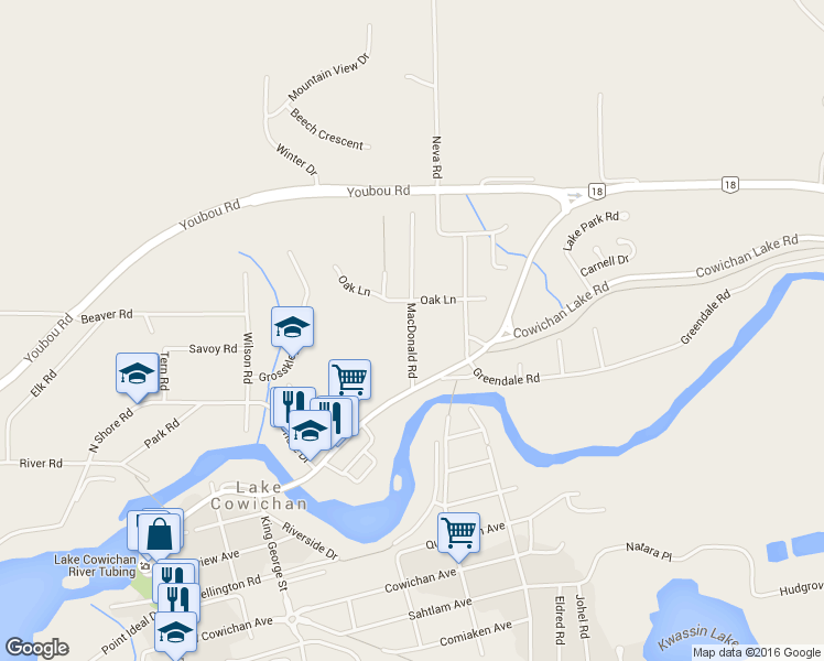 map of restaurants, bars, coffee shops, grocery stores, and more near 145 Macdonald Road in Lake Cowichan