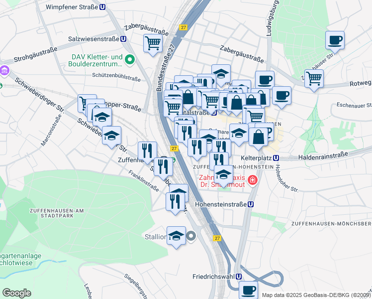map of restaurants, bars, coffee shops, grocery stores, and more near 32 Burgunderstraße in Stuttgart