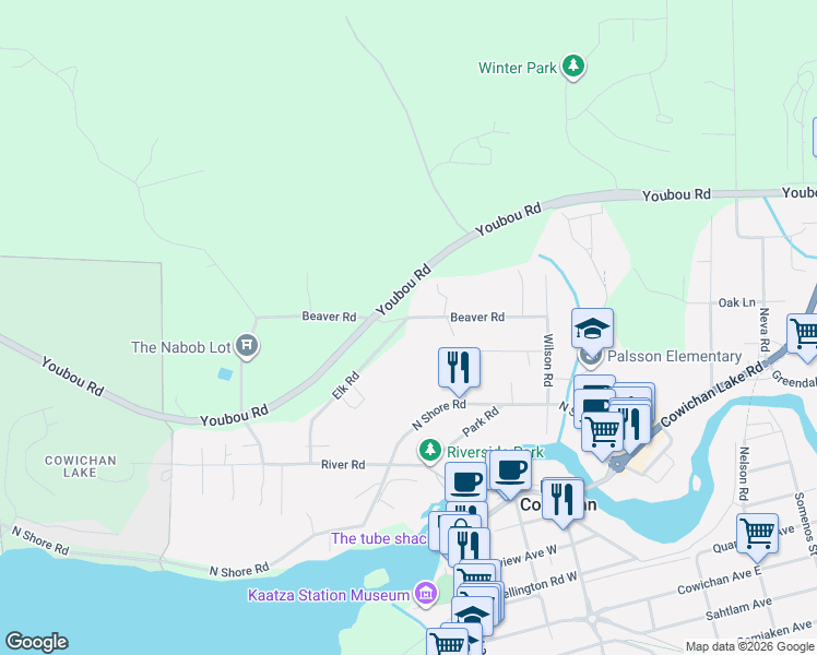 map of restaurants, bars, coffee shops, grocery stores, and more near 100 Elk Road in Lake Cowichan