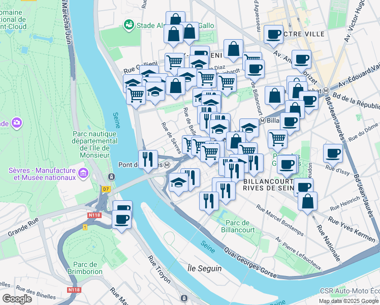 map of restaurants, bars, coffee shops, grocery stores, and more near 122 Avenue du Général Leclerc in Boulogne-Billancourt