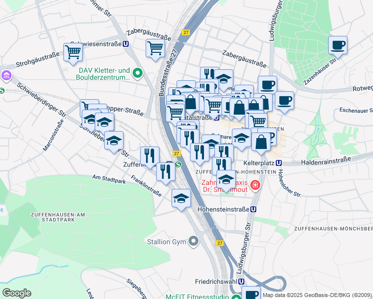 map of restaurants, bars, coffee shops, grocery stores, and more near 32 Burgunderstraße in Stuttgart