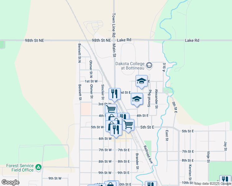 map of restaurants, bars, coffee shops, grocery stores, and more near 168 Main Street in Bottineau
