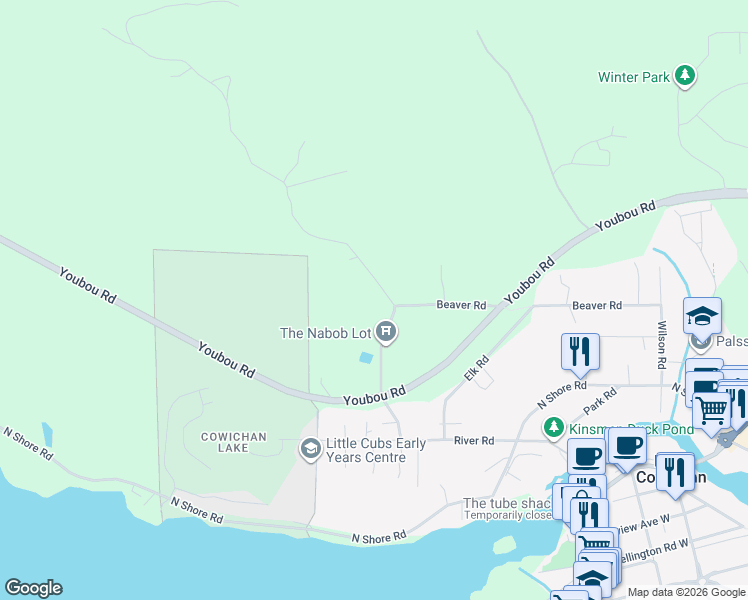 map of restaurants, bars, coffee shops, grocery stores, and more near 7248 Indian Road in Lake Cowichan