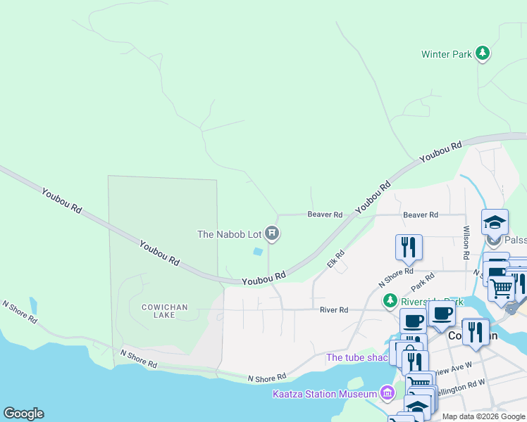map of restaurants, bars, coffee shops, grocery stores, and more near 7248 Indian Road in Lake Cowichan