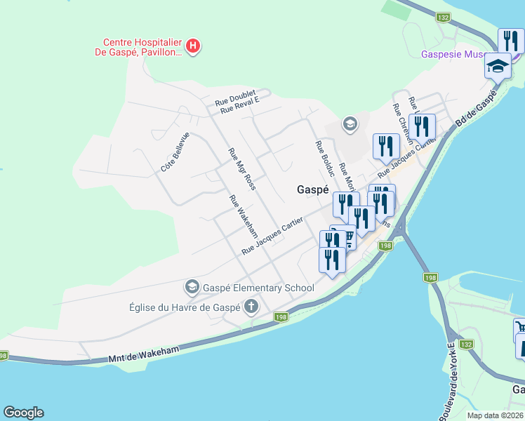 map of restaurants, bars, coffee shops, grocery stores, and more near 35 Rue Monseigneur Ross in Gaspé