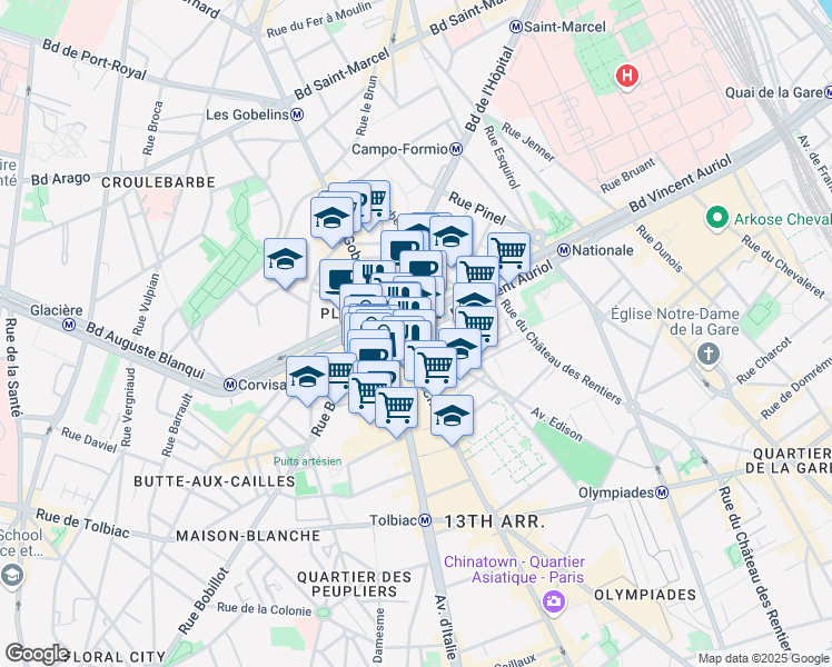 map of restaurants, bars, coffee shops, grocery stores, and more near 209 Boulevard Vincent Auriol in Paris