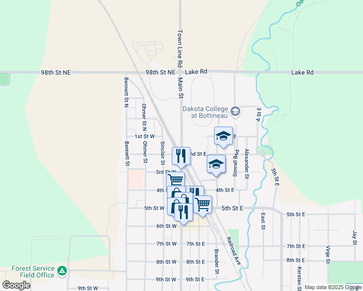map of restaurants, bars, coffee shops, grocery stores, and more near 168 Main Street in Bottineau