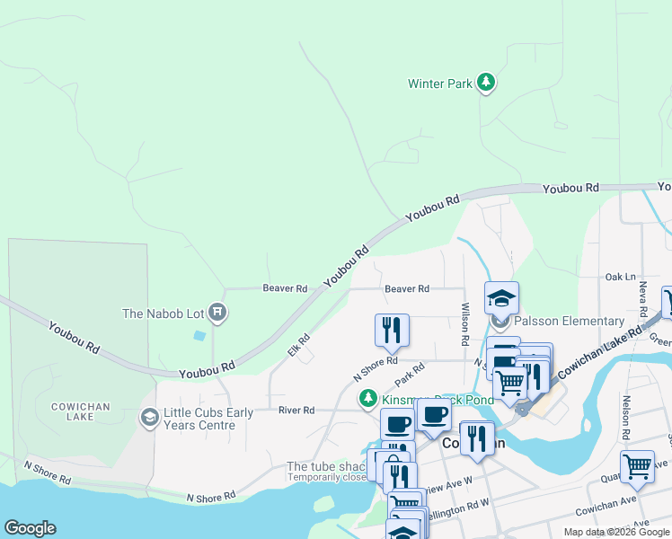 map of restaurants, bars, coffee shops, grocery stores, and more near 8335 Youbou Road in Lake Cowichan