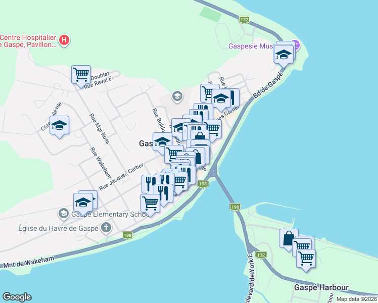map of restaurants, bars, coffee shops, grocery stores, and more near 15 Rue Adams in Gaspé