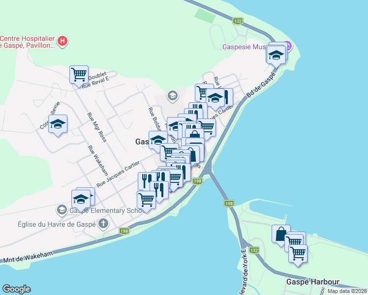 map of restaurants, bars, coffee shops, grocery stores, and more near 25 Rue Adams in Gaspé
