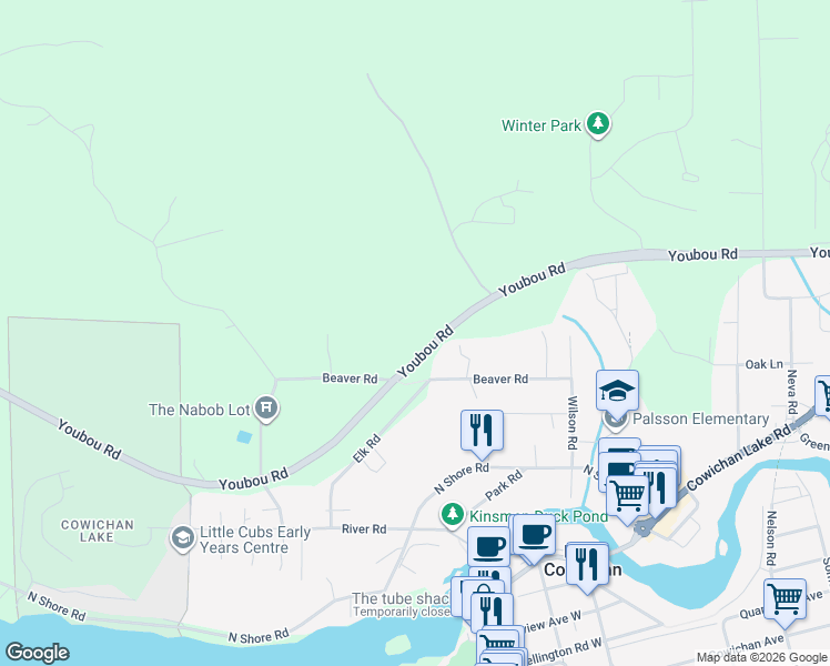 map of restaurants, bars, coffee shops, grocery stores, and more near 8335 Youbou Road in Lake Cowichan