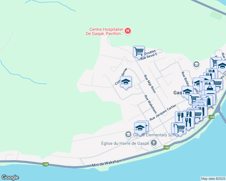 map of restaurants, bars, coffee shops, grocery stores, and more near 233 Rue Domagaya in Gaspé