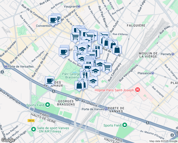 map of restaurants, bars, coffee shops, grocery stores, and more near 75 Rue Brancion in Paris