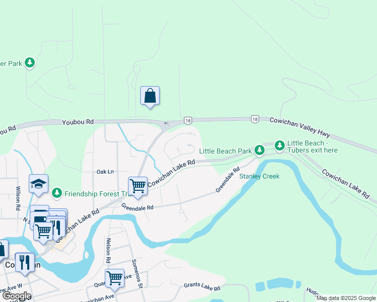 map of restaurants, bars, coffee shops, grocery stores, and more near 290 Carnell Drive in Lake Cowichan