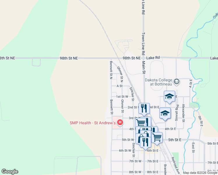 map of restaurants, bars, coffee shops, grocery stores, and more near 353-399 A Street in Bottineau