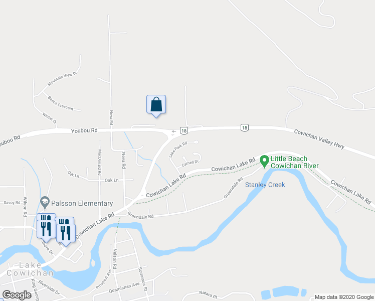 map of restaurants, bars, coffee shops, grocery stores, and more near 350 Carnell Drive in Lake Cowichan