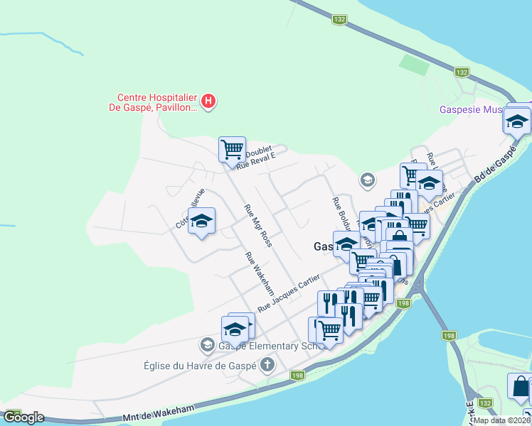 map of restaurants, bars, coffee shops, grocery stores, and more near 61 Boulevard de la Montagne in Gaspé