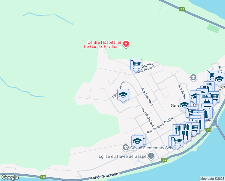map of restaurants, bars, coffee shops, grocery stores, and more near 106 Côte Bellevue in Gaspé